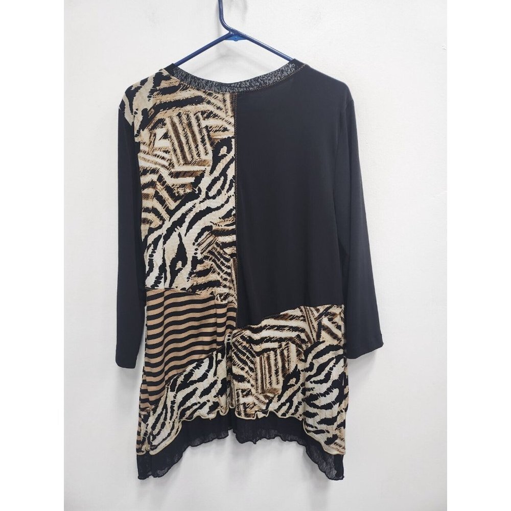 JM Collection Womens Tunic Top XL Black Tan Animal Print Patchwork Sharkbite - Picture 5 of 7